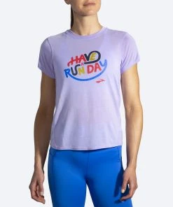 BROOKS Women's Distance Graphic Short Sleeve (597 - Heather Violet Dash/Run Day)
