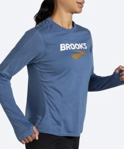 Women's Distance Graphic Long Sleeve (493 - Heather Blue Ash/Brooks Logo) -New balance-shop 221599 493 mv distance graphic womens long sleeve running shirt