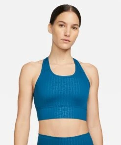 Nike Women's DRI-FIT Swoosh Medium Support Printed Sports Bra (404 - Marina/Marina/Black)