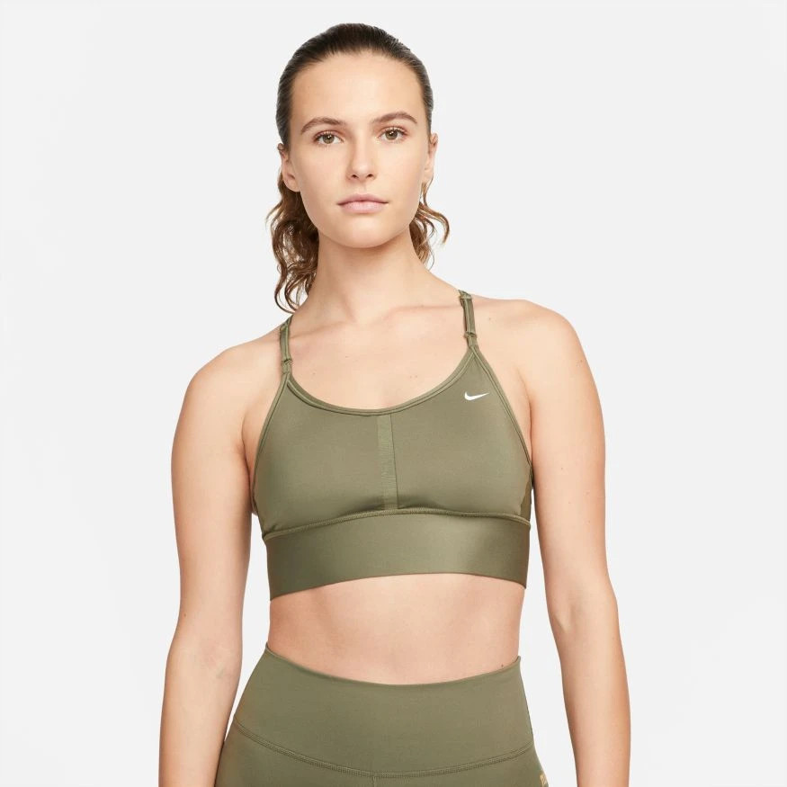 Nike Women's DRI-FIT Indy Sports Bra (222 - Medium Olive/White) 1 Nike Women's DRI-FIT Indy Sports Bra (222 - Medium Olive/White)